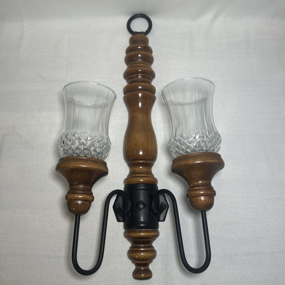 VTG Homco Wall Sconce Wood Black Metal Double Candle Decor 17.5" MCM